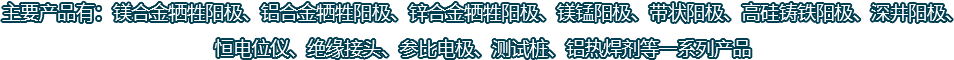 主要產(chǎn)品有：鎂合金犧牲陽(yáng)極、鋁合金犧牲陽(yáng)極、鋅合金犧牲陽(yáng)極、鎂錳陽(yáng)極、帶狀陽(yáng)極、高硅鑄鐵陽(yáng)極、深井陽(yáng)極、恒電位儀、絕緣接頭、參比電極、測(cè)試樁、鋁熱焊劑等一系列產(chǎn)品